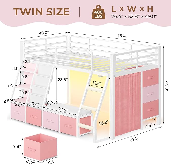 MSmask Low Loft Bed with 7 Storage Drawers & Reading Nook, Kids Twin Loft Bed with Bookshelf, LED Lights & Safety Guardrail, Loft Bed Twin Size with 35.8''H Play Space, Inclined Ladder, White & Pink