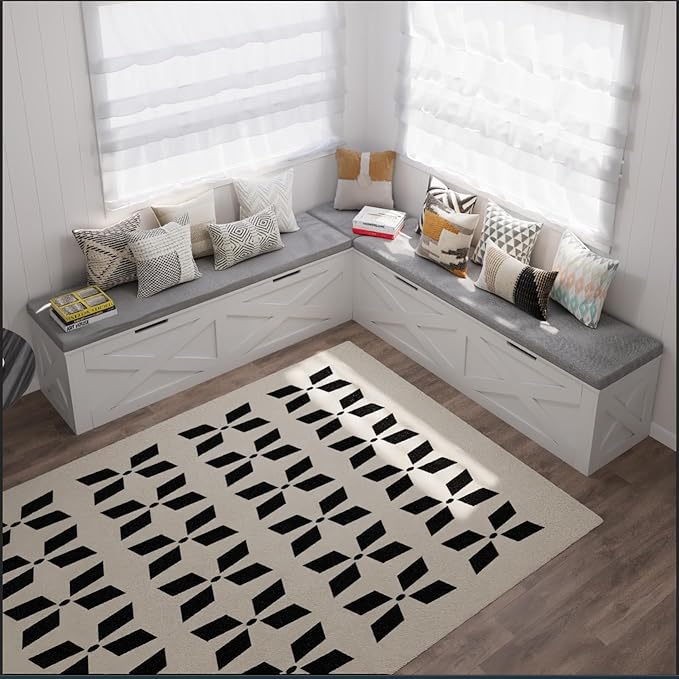 Bobve L-Shape Storage Bench with Cushion, Backless Corner Dining Bench, Kitchen Dining Nook Bench with Hidden Storage for Dining Room, Kitchen, Entryway (White+Grey)