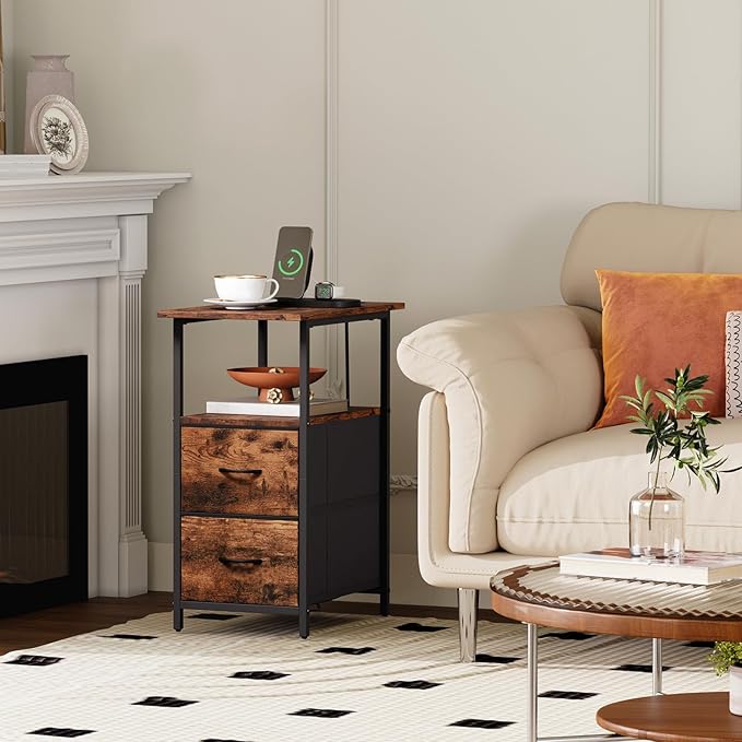 Somdot End Table Set of 2 with Charging Station, Narrow Side Table with 2 Drawers, Skinny Nightstand with Storage, Small Slim Bedside Table for Living Room, Sofa, Bedroom, Couch, Wood Grain Print