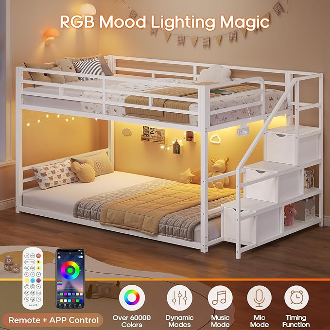 ADORNEVE Low Bunk Bed Twin Over Twin with Stairs, Storage Drawers & Shelves, RGB LED Lights Metal Floor Bunk with Power Outlet, Full-Length Guardrail & Metal Slats, for Small Space, Kids, White