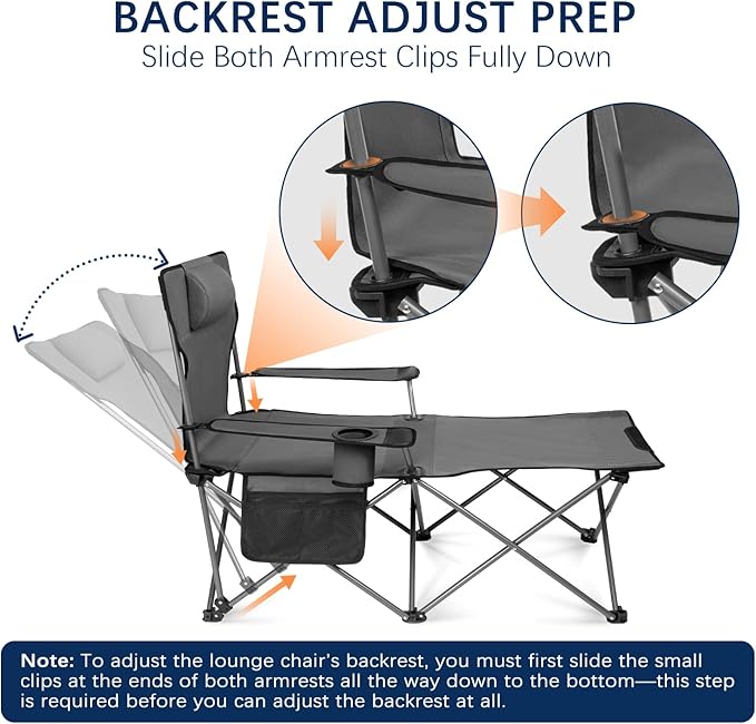 apollo walker Reclining Beach Chair, Adjustable 90-135° Backrest Camping Lounge Chairs for Adults, Folding Chair with Foot Rest & Detachable Pillow - Standard 6-Leg, Grey