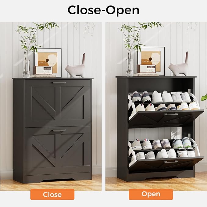 Homleke Farmhouse Shoe Cabinet for Entryway with 2 Barn-Style Flip Drawers, Narrow Shoe Storage Organizer with Top Display Shelf, Adjustable Shelves, Shoe Rack for Hallway, Closet- (Black, 24" Wide)