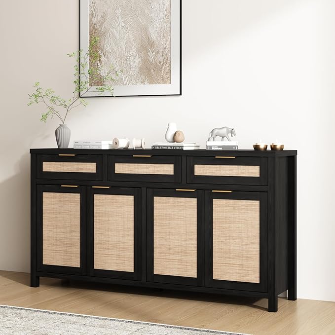HOKYHOKY Rattan Sideboard Buffet Cabinet, Boho Storage Cabinet with Adjustable Shelves, Farmhouse Credenza Coffee Bar Cabinets with 4 Doors & 3 Drawers for Living Room, Hallway & Kitchen