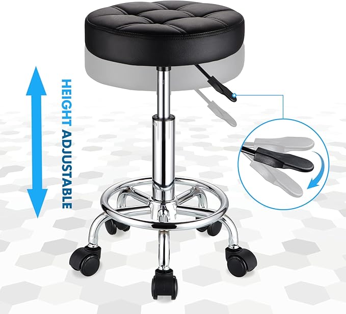 HMTOT Round Rolling Stools PU Leather Seat Height Adjustable Swivel Stool with Wheels Black