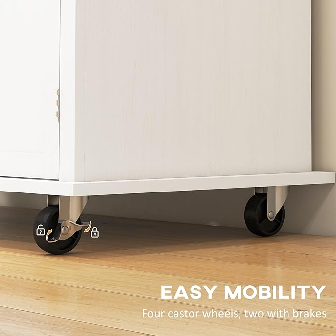 HOMCOM Kitchen Island Cart with Solid Wood Top, 44" Mobile Kitchen Island Table on Wheels with Storage Cabinets, 2 Drawers, Adjustable Shelves, Spice Rack & Towel Bar for Dining Room, Distressed White
