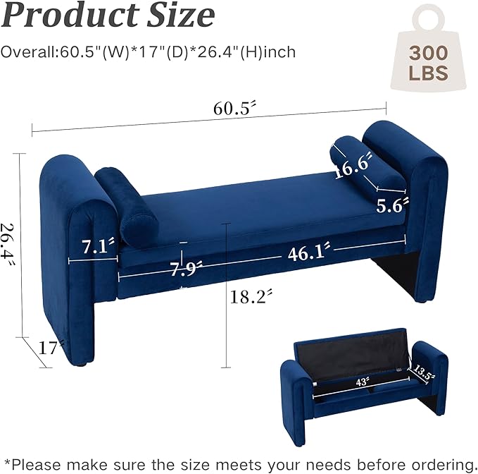Storage Bench for Bedroom End of Bed, Velvet Upholstered Rolled Armed Button Tufted Sofa Stool Bench, Storage Ottoman Couch Long Bench with Solid Wood Legs (Navy-2)