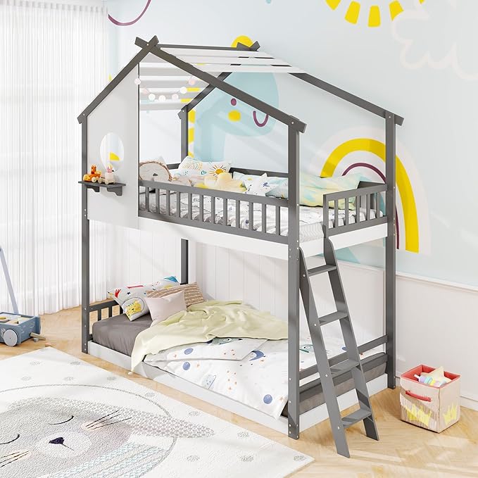 Giantex Bunk Bed Twin Over Twin, Solid Wood Floor Bunk Bed with Ladder & Full-Length Guardrails, House Shaped Bunk Beds for Kids, Girls, Boys, Dormitory and Bedroom, No Box Spring Needed