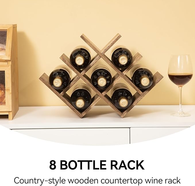 KIRIGEN Wooden 8-Bottle Wine Rack, 3-Tier Countertop Wine Bottle Holder for Cabinets, Bar Cart, Kitchen Counter, Pantry, Dining Room, 16.73 x 5.9 x 11.14 in, XHJJ3-DBR