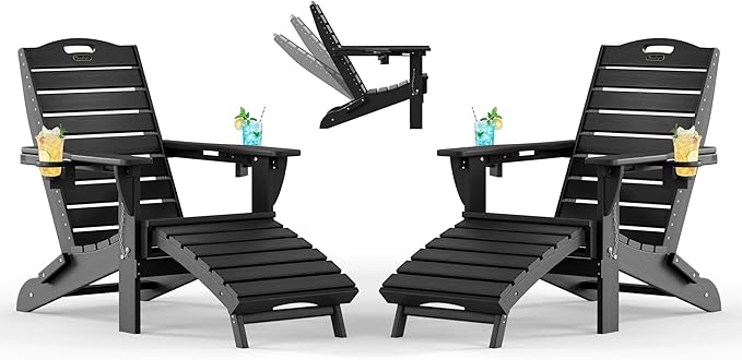 Adjustable Adirondack Chairs Set of 2 with Retractable Ottoman, HDPE Folding Adirondack Chair with Cup Holders, Weather Resistant for Backyard, Poolside & Fire Pit (Black)