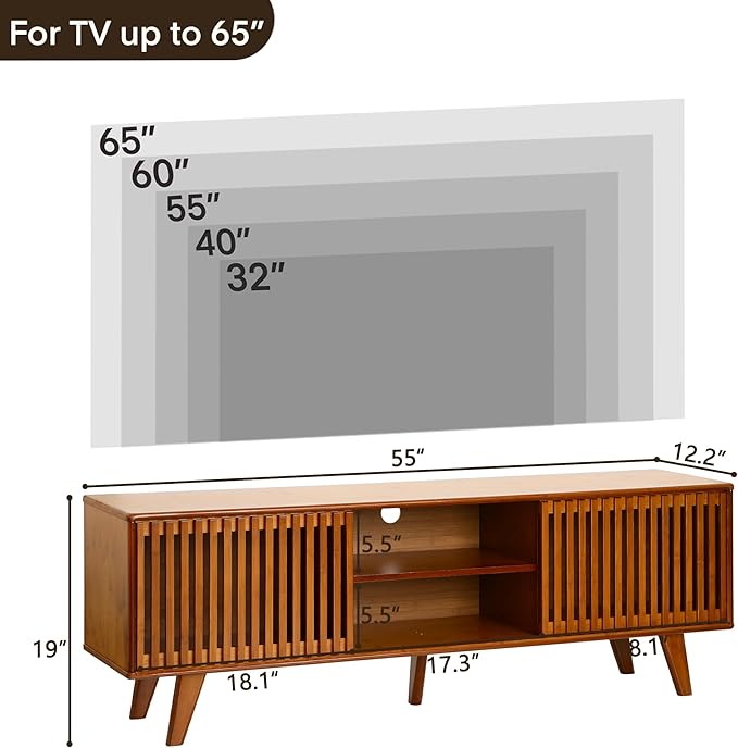 Bamboo TV Stand for TVs up to 65", Accent Entertainment Center with Storage, Media Console Table with Sliding Fence Door, Modern TV Stand for Living Room, Bedroom, 55"(L), Walnut