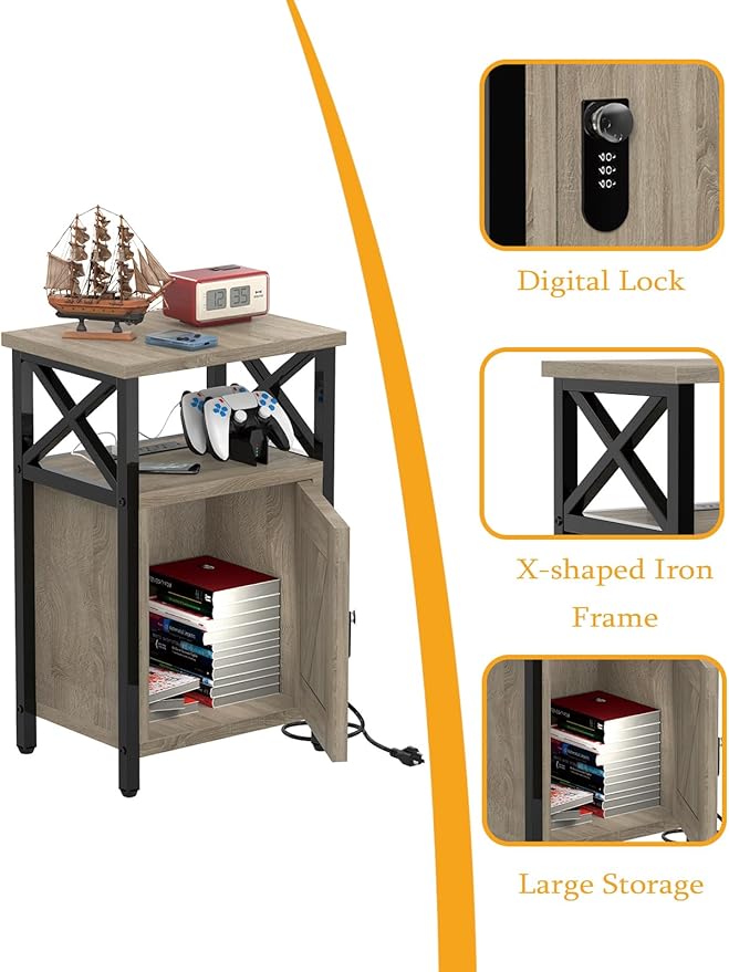 runjuly Wooden Nightstand with Lock, Bed Side Table with Drawers, Bedside Table with Charging Station, 3 USB & 2 Outlets, Night Stand with Cabinet, End Tables for Bedroom, Greige