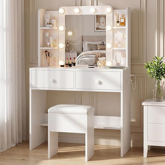 FUXA Makeup Vanity Desk with LED Mirror and Charging Station, Vanity Table Set with Storage Drawers, Shelves and Chair, Dressing Table with 3 Lighting Modes for Bedroom, White