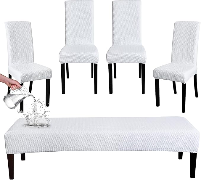 FORCHEER Dining Chair Covers and Bench Covers Set Waterproof White Jacquard 4 Dining Room Chair and Bench Slipcover Washable