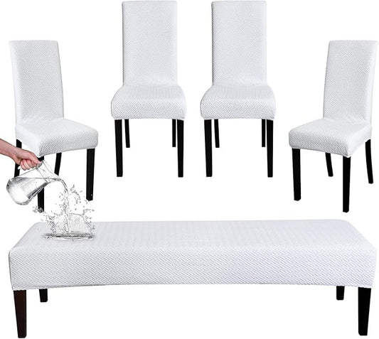 FORCHEER Dining Chair Covers and Bench Covers Set Waterproof White Jacquard 4 Dining Room Chair and Bench Slipcover Washable