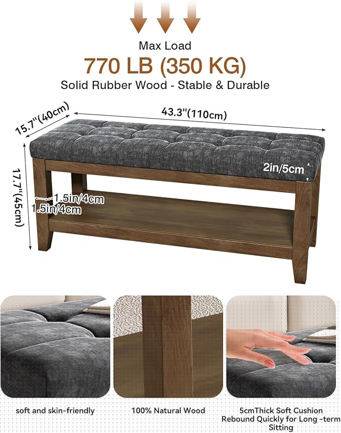 ABHENG Solid Rubber Wood Shoe Bench, Soft Chenille Material Upholstered Seat, 770LB Load Capacity, Multi-Storage for Entryway/Bedroom/Living Room, Vintage Style, 43.3"x15.7"x17.7", Dark Gray,UASND65G
