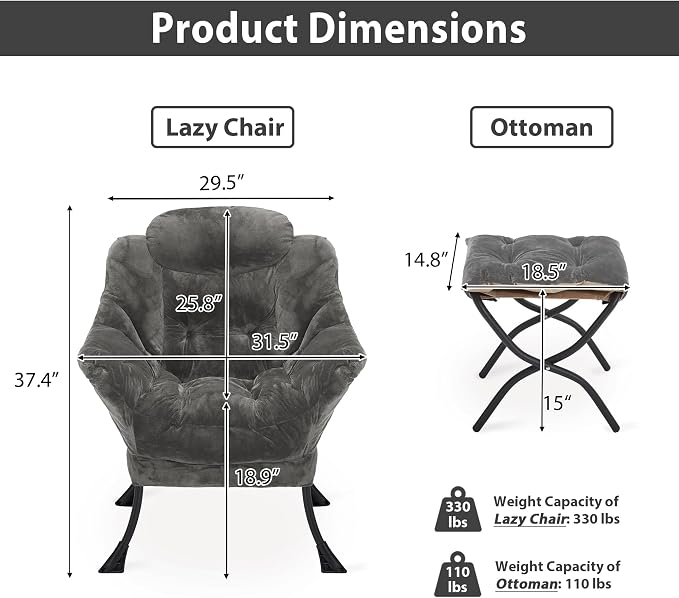 Youtanic Lazy Chair with Folding Ottoman, Accent Chair Plush Upholstered with Metal Structure and Non-Slip Pads, Sofa Armchair with Footrest and Side Storage Bag for Dorm, Room, Office, Dark Gray