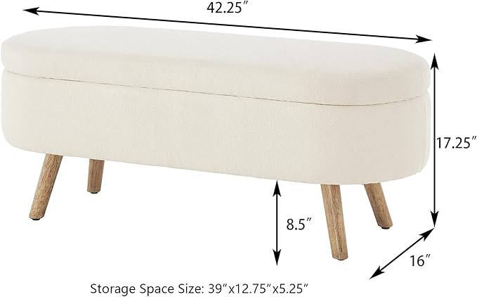 42.25" Ottoman with Storage, Storage Ottoman Bench with Safety Hinge, Foam End of Bed Bench, Upholstered Entryway Bench for Bedroom, Living Room & Window, Holds up to 330 lb, Ivory