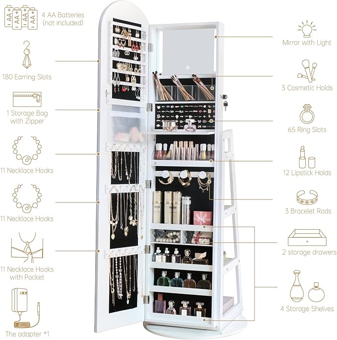 Arched Swivel Jewelry Cosmetics Armoire Cabinet Standing with Full Length Mirror, Lockable Jewelry Organizers Storage with 3 Color LED Lights & Interior Vanity Mirror Rear Storage Shelves White