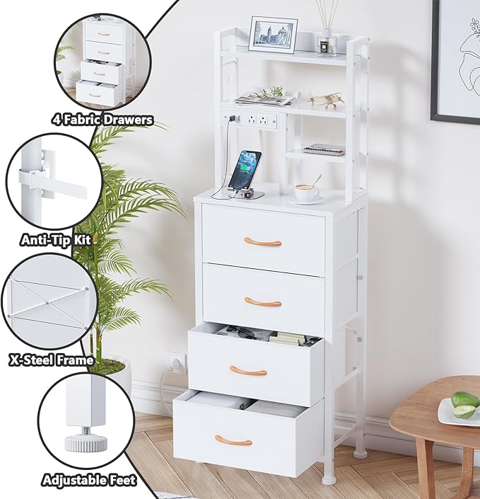 Furnulem Tall Night Stand, 52.1 Inch LED Nightstand with Charging Station and USB Ports, 4 PVC Fabric Drawers and 4 Tier Storage Shelf, Bedside Table for Bedroom, Dorm, Office (White)
