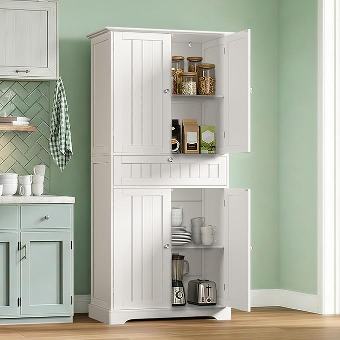 ChooChoo 72" H Tall Bathroom Floor Cabinet, Modern Bathroom Storage Cabinet with Drawer and Adjustable Shelves, Freestanding Kitchen Pantry Cupboard with 4 Doors for Living Room, White