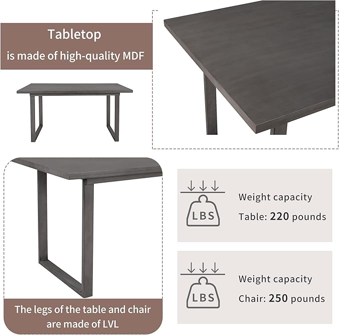 Harper & Bright Designs 6 Piece Kitchen Dining Table Set Wooden Rectangular Dining Table Set for 6, Solid Wood Dining Room Set with Rectangular Table & 4 Chairs with Bench(Gray) ST000055AAE-MZJ