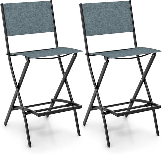 Giantex Folding Patio Bar Chairs Set of 2, Outdoor Counter Height Bar Stools with Footrest & Back, All-Weather Resistant, Metal Frame, for Porch Deck Lawn Garden, Light Blue