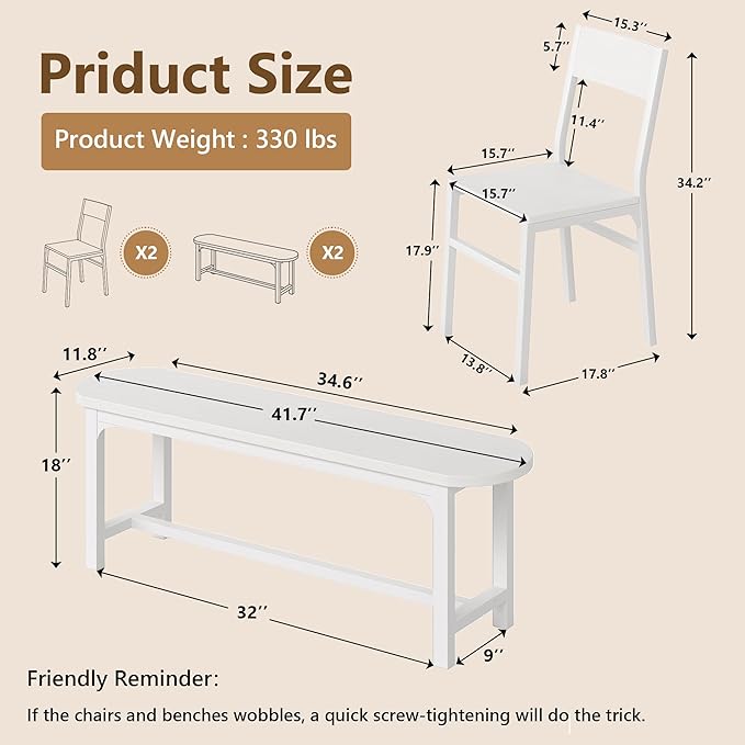 Feonase Dining Chairs and Benches Set of 4, Modern Dining Room Chairs with Ergonomic Backrest, Wood Structure & Metal Legs, for Kitchen, Dining Room, Space-Saving, Easy to Assemble & Clean, White