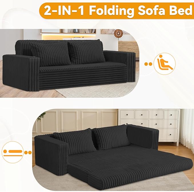 HABUTWAY 78" Loveseat Boneless Couch, 4-in-1 Convertible Sofa Bed, Plush Fur Folding Futon Sofa Bed Couches with 2 Pillows for Living Room, High-Density Foam Support, No Assembly Required, Black