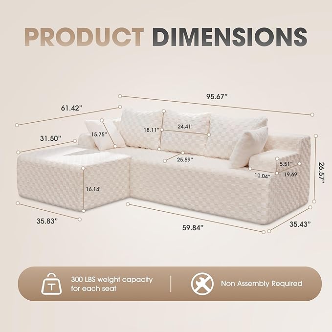 Hobestluk Modular Sectional Sofa Boneless Couch L-Shape Couch 3 Seat Modular Couch Memory Foam Sectional Couches for Living Room Furniture, Cloud Couch with Chaise Lounge (96" Left Facing Chaise)