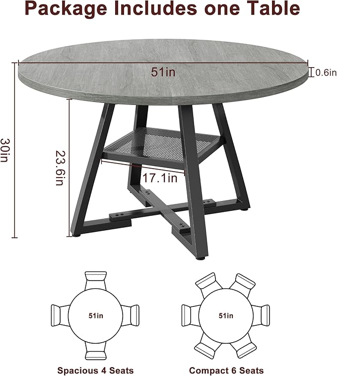 Jocoevol 51" Round Dining Table for 6,Kitchen Dining Room Circle Dinner Pedestal Table,Space Saving Wood Kitchen & Dining Room Furniture (Grey, 51In)
