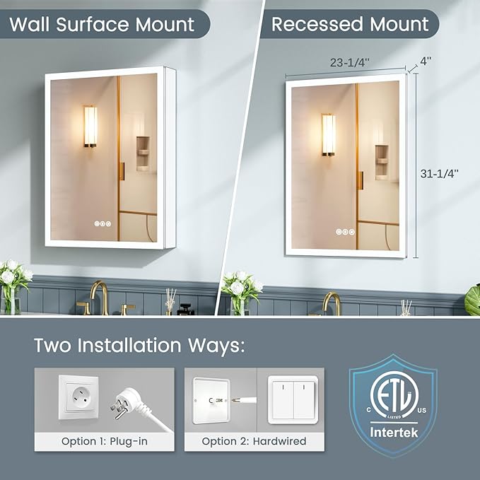 24x32 Inch Medicine Cabinet with Lights, AL Alloy Frame, Plug-in or Hardwired, Recessed or Wall Mount, Mirror Doors/3 Colors/Dimmable/Interior Sensor Light/Defog,2 Outlets &USBs,3 Shelves