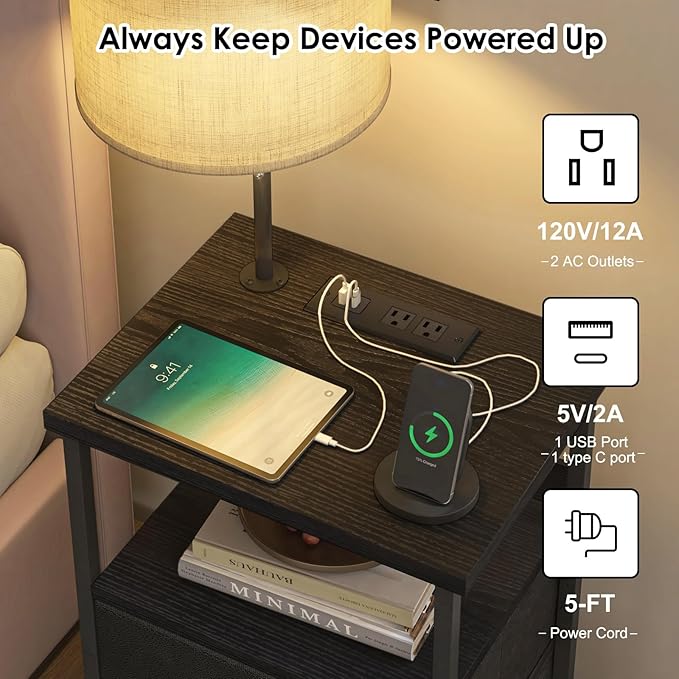 Fixwal Bedside Table with 3 Color Temperature Reading Light, Nightstand with LED Light & Charging Station End Table with Adjustable Fabric Drawer for Bedroom, Dorm, Black