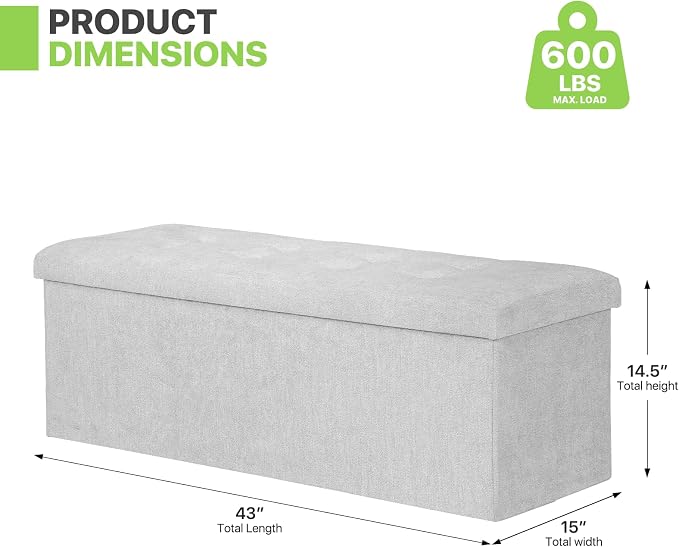 Magshion Folding Storage Ottoman Bench, 43 Inches Ottoman Foot Rest, Large End of Bed Bench, Storage Chest for Living Room, Entryway, Bedroom, 600 lbs Load Capacity, 15 x 43 x 15 Inches, Light Gray