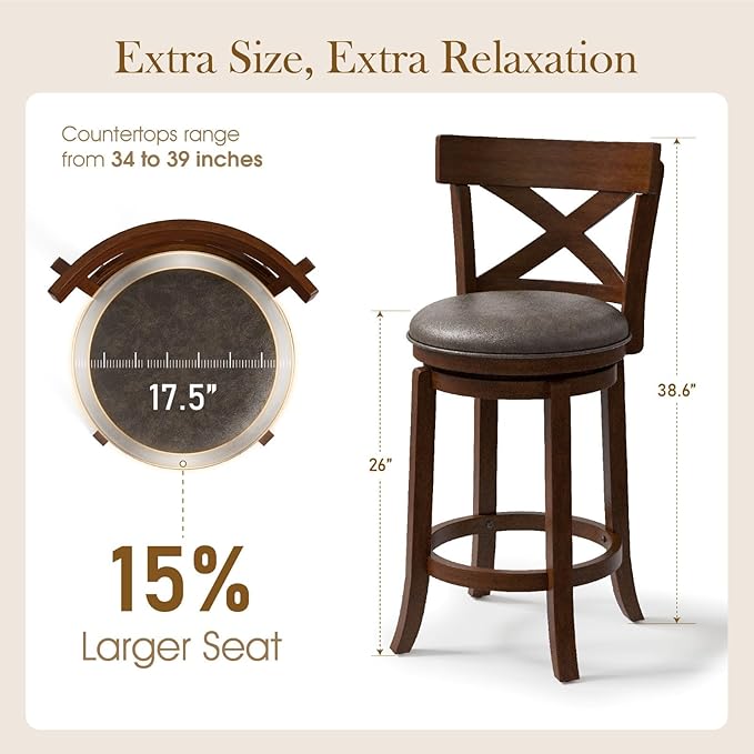 Sophia & William Swivel Bar Stools Set of 6, 26 Inch Counter Height Barstools with Cross Back & Solid Wood Legs,Modern Faux Leather Bar Chairs for Kitchen Island