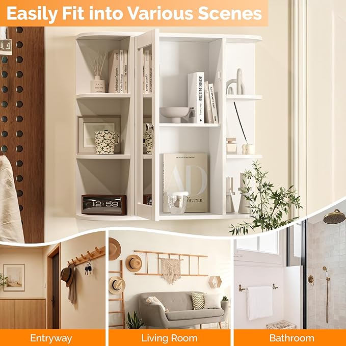 VINGLI Mirror Medicine Cabinet Wall Mounted, Bathroom Storage Organizer Over Toilet with 6 Open Curved Shelves, Adjustable Vanity Cupboard with Single Door for Entryway & Living Room, White