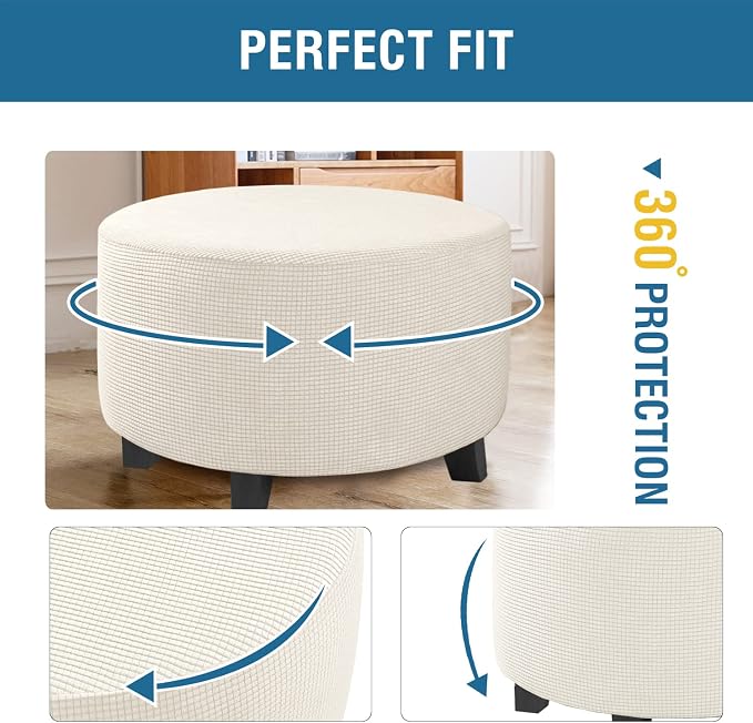 H.VERSAILTEX Ottoman Cover Stretch Ottoman Slipcover Round Ottoman Storage Cover Folding Stool Covers Furniture Protector Cover for Footrest Ottoman Fit Dia 30" - 41", Ivory