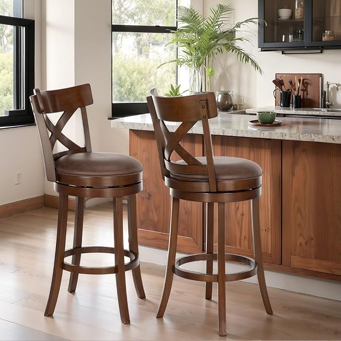 Sophia & William Swivel Bar Stools Set of 2, 360-Degree Swivel Stools with Cross Back, 30 Inch Kitchen Counter Bar Stools, Brown