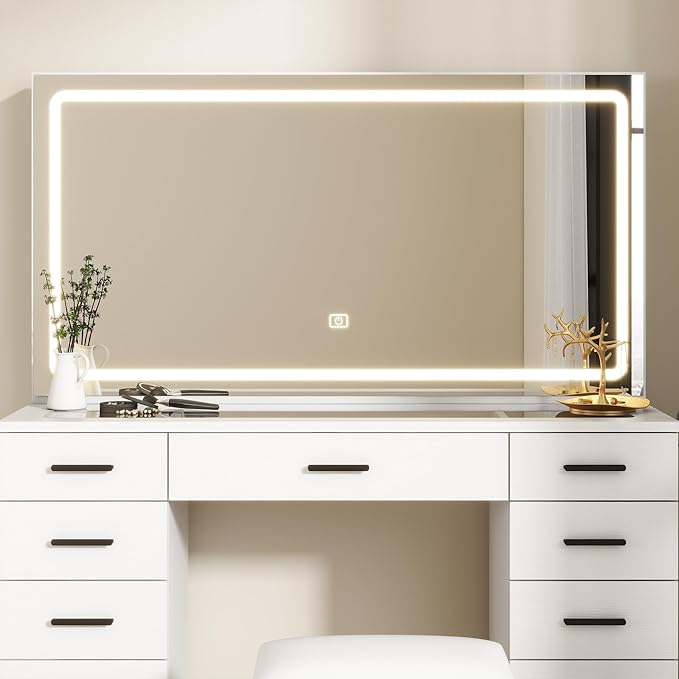 Panana Vanity Desk with 11 Drawers, Glass Top Makeup Table with Mirror and LED Lights Vanity with Stool 3 Lighting Modes Brightness Adjustable Dressing Table with Power Outlet (White)