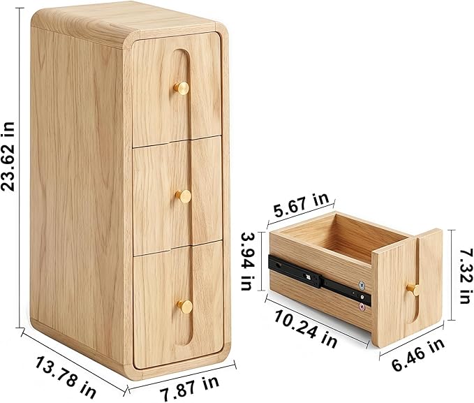 Narrow Nightstand Set of 2, Small Bedside Table with 3 Drawers, Mid Century Modern Skinny Night Stand with Storage, Wood Slim Side Table for Bedroom, Living Room (Natural-2pcs)