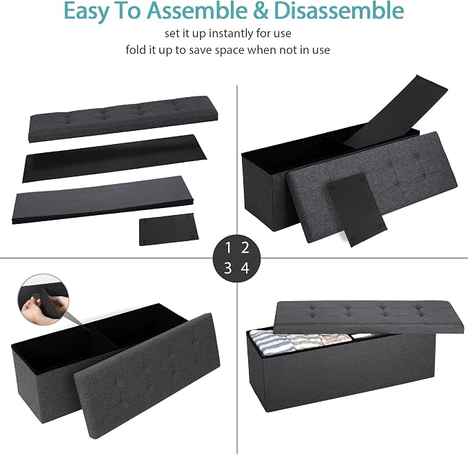SUPER DEAL 43 Inches Folding Storage Ottoman Bench, Ottoman Foot Rest, Storage Chest, 660 lbs Load Capacity, End of Bed Bench with Divider for Living Room, Bedroom, Entryway, Linen Fabric, Dark Grey