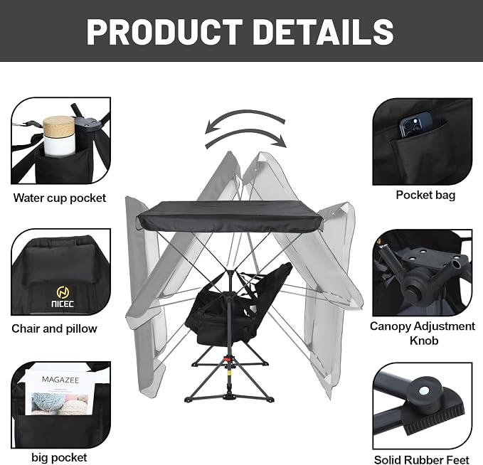 Nice C Hammock Camping Chair with Canopy, Portable Swinging Camping Chair with Shade, Outdoor Folding Swinging Umbrella Chairs, Rocking Camping Chairs, with Adjustable Canopy, Cup Holder (1 Pack)