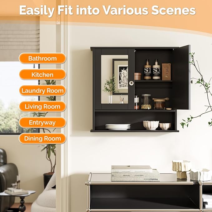 VINGLI Black Medicine Cabinet with Mirror, Wall Mounted Bathroom Cabinet with Open Shelf, 2-Door Hanging Storage Organizer Over Toilet, Adjustable Shelves for Vanity, Living Room, 22x23 Inch