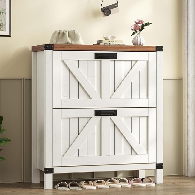 YOMILUVE Shoe Cabinet with 2 Flip Drawers, Farmhouse Shoe Storage Cabinet for Entryway, Slim Shoe Rack Freestanding Shoe Organizer with Barn Door, Brown and White