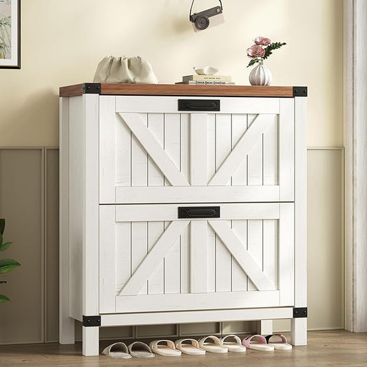 YOMILUVE Shoe Cabinet with 2 Flip Drawers, Farmhouse Shoe Storage Cabinet for Entryway, Slim Shoe Rack Freestanding Shoe Organizer with Barn Door, Brown and White