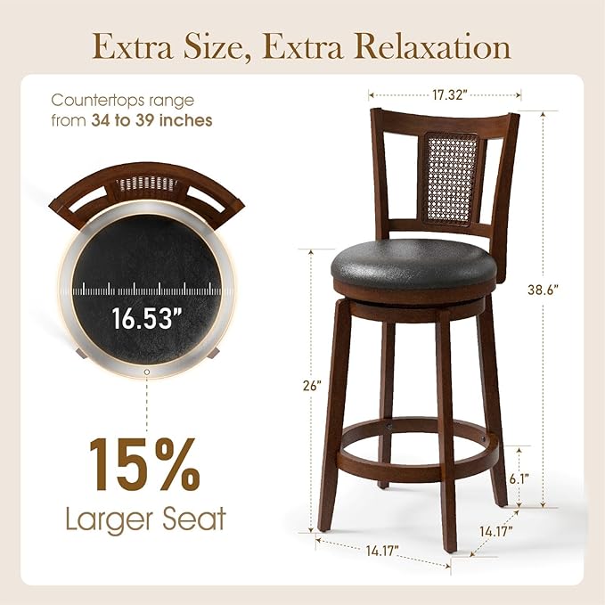 Sophia & William Swivel Counter Height Bar Stools Set of 4, 26 Inch Faux Leather Barstools with Backrest & Solid Wood Legs, Brown Kitchen Counter Stools