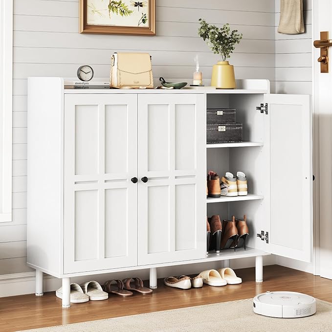 ONBRILL Shoe Cabinet with 3 Doors and Adjustable Shelves, 30 Pairs Shoe Storage Cabinet, 40 Inch Tall Farmhouse Shoe Rack Shoe Organizer Cabinet for Entryway Living Room Closet, White
