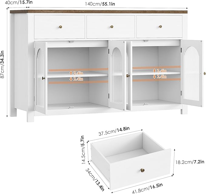 FINETONES Buffet Cabinet with Storage, 55.1" Large Sideboard Buffet Cabinet, Farmhouse Kitchen Cabinets with 3 Drawers and 4 Doors, Wood Coffee Bar for Kitchen Dining Room, White