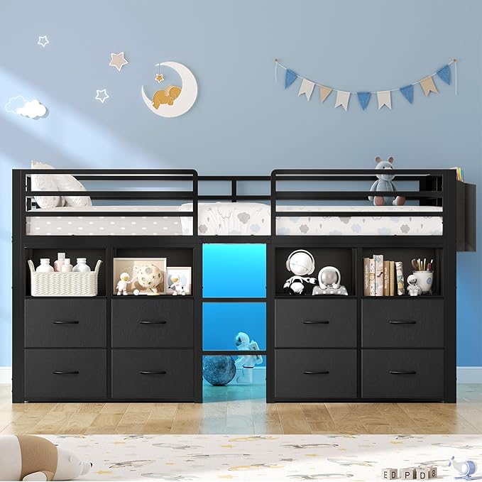 ADORNEVE Low Loft Bed Twin Size with 8 Storage Drawers, Twin Loft Bed with Bookcase and LED Lights, Metal Kids Loft Bed with 14" H Safety Guardrail, Under-Bed Play Space, No Box Spring Needed, Black