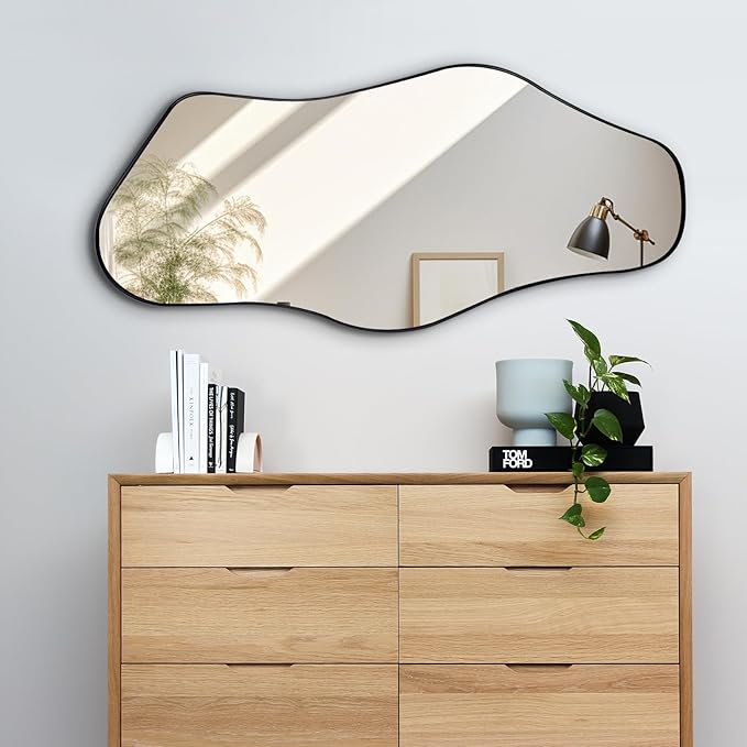 Irregular Wall Mirror, 40"x18" Asymmetrical Aesthetic Mirror with Metal Frame, Modern Organic Shaped Mirrors for Living Room Bedroom Hallway Entryway, Hangs Vertically or Horizontally