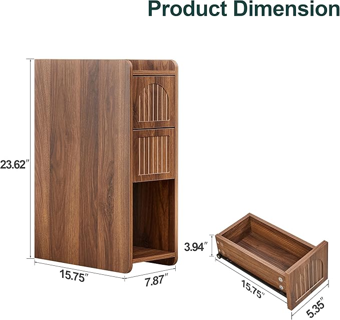 Narrow Nightstand Set of 2, Wooden Small 2 Drawer Nightstand, Slim Side End Table, Skinny Bedside Table, Mid Century Modern Night Stand with Drawers, for Living Room (Deep Walnut-2 pcs)
